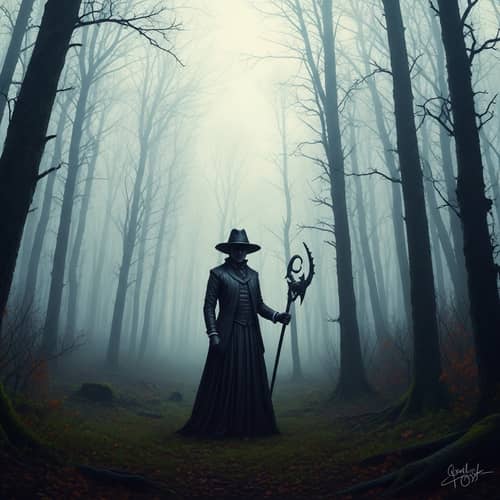 Mysterious Figure in Foggy Forest - Impressionist Style with Vibrant Colors