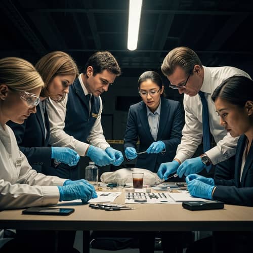 Multicultural Forensic Investigators Unraveling Crime Scene | Intriguing Noir Photography