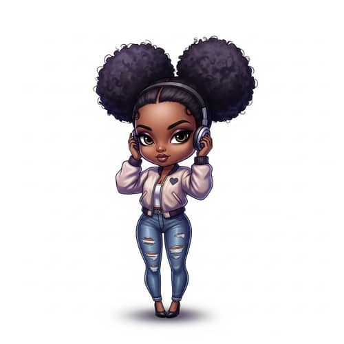 Airbrush Cartoon Chibi African American Woman with Afro Puffs