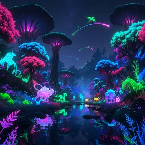 Neon Fantasy World: Enchanting Forest with Bioluminescent Creatures