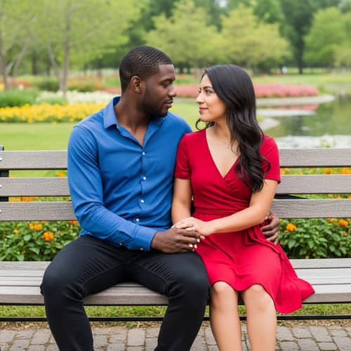 Interracial Couple Sitting on Park Bench | Love in Nature