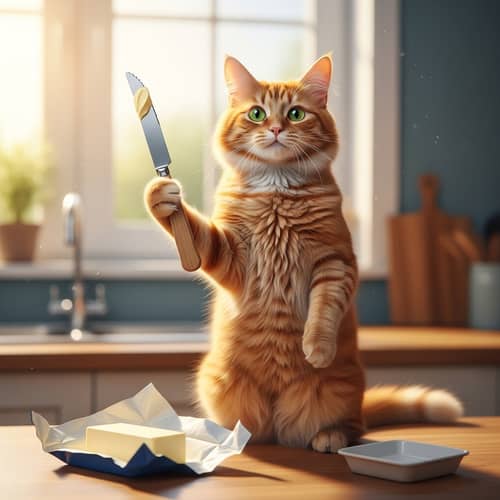Fluffy Orange Cat Holding Butter Knife