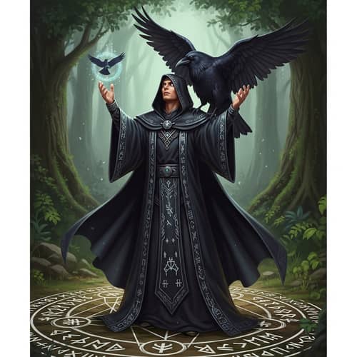 Devoted Warlock to Raven Goddess | Mystical Scene