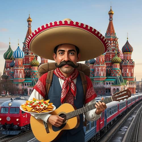 Mexican Traveler with Sombrero and Guitar in Russia