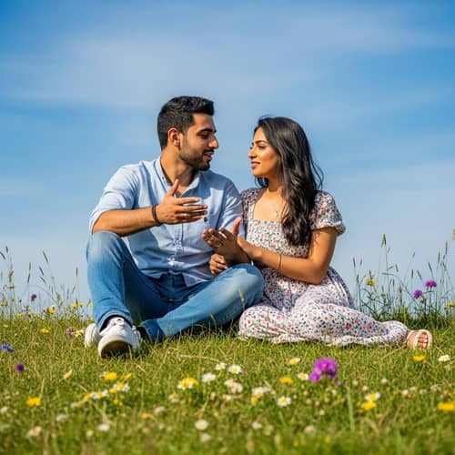 Intimate Scene of Middle-Eastern Man and South Asian Woman Engaged in Loving Conversation