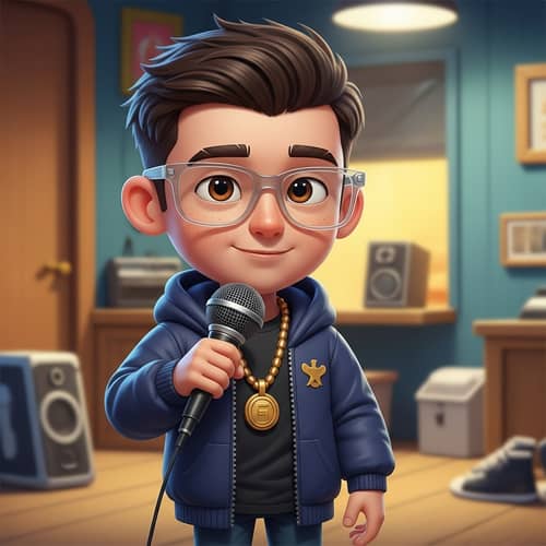 Disney style cover rapper smoking with white brown eyes clear glasses short hair brown