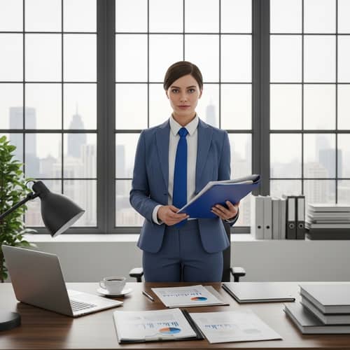 Professional Caucasian Woman in Office Environment | Expertise Displayed