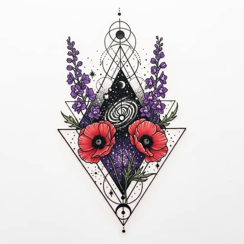 Small Black Geometric Tattoo with Cosmos and Floral Elements