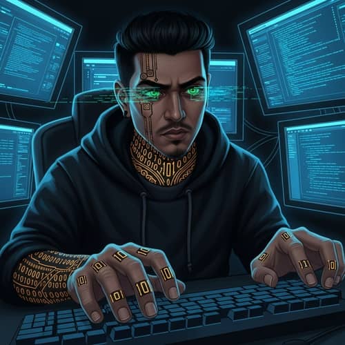 Enigmatic Hacker Character with Intricate Tattoos