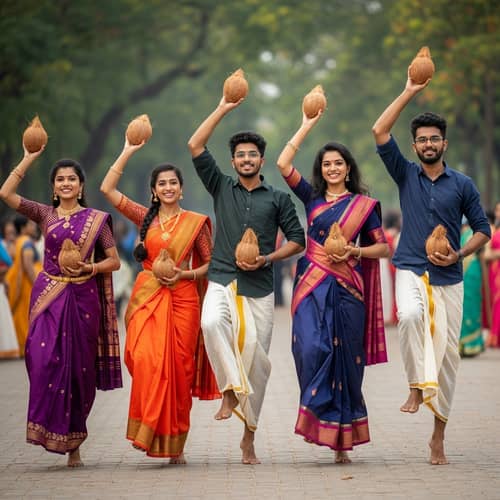 Agile Individuals in Traditional Indian Attire with Coconuts