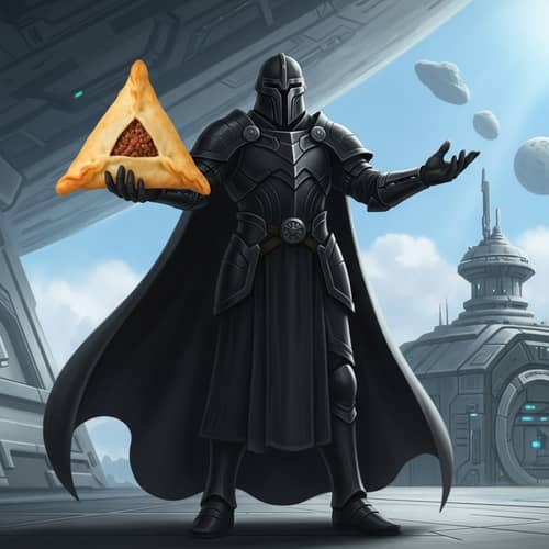 Tatar Echpochmak: Delicious Meat Pastry by a Tall Figure in Black Armor
