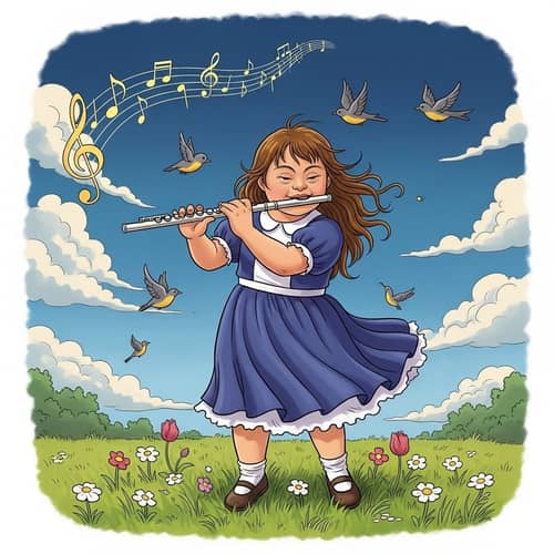 Joyous Down Syndrome Girl Playing Flute - Cartoon Illustration
