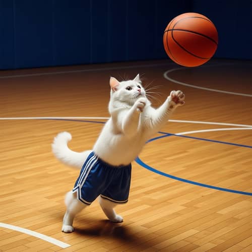 Athletic White Cat Plays Basketball: Funny and Unusual Scene