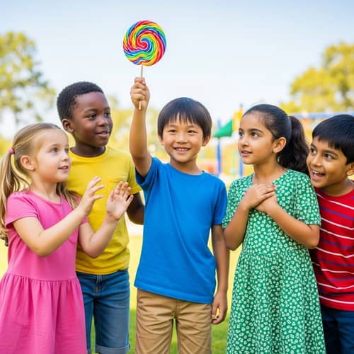 Diverse Children Around East Asian Boy with Lollipop