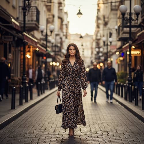Captivating Middle-Eastern Woman Sauntering Down Bustling Street