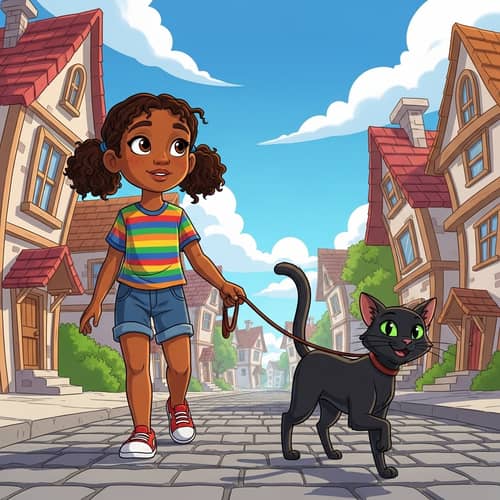 Young Girl Walking Diverse Ethnicity Cat - Cartoon Style