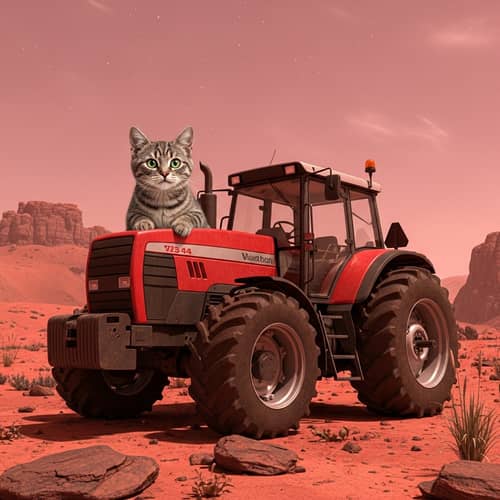 Curious Domestic Cat on a Red Tractor on Mars