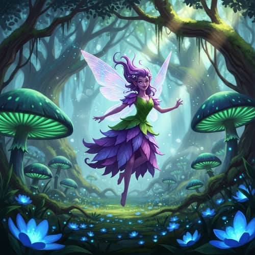 Whimsical Purple Fairy in Fantasy Art Style | Magical Woodland Setting