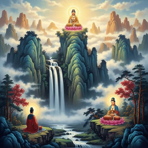 Spiritual Masterpiece: Mountain Waterfall & Buddhas