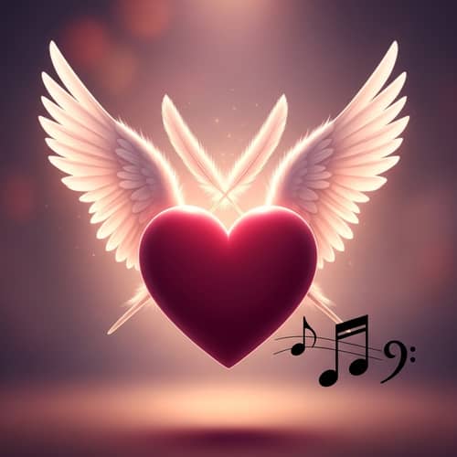 Asymmetric Heart with Crossing Wings and Black Music Notes