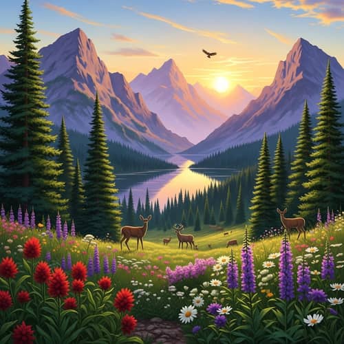 Breathtaking Sunset over Mountains and Serene Lake
