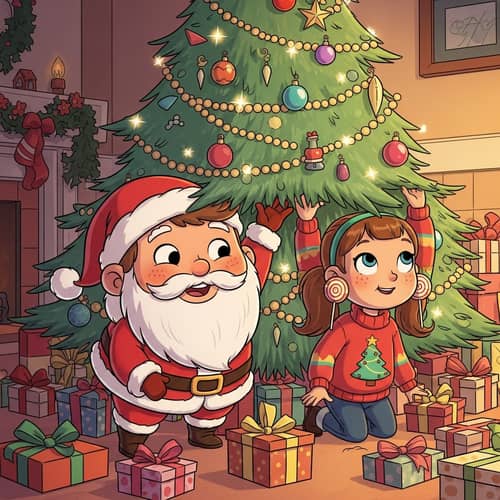 Whimsical Christmas Scene: Boy & Girl Retrieving Presents