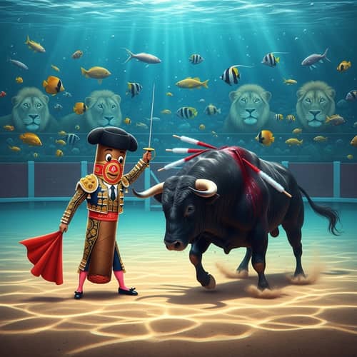Matador Cigar Bullfight - Surreal Underwater Scene with Fish and Lions