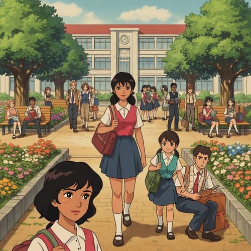 Vintage Anime Story: Female Protagonist in School Garden