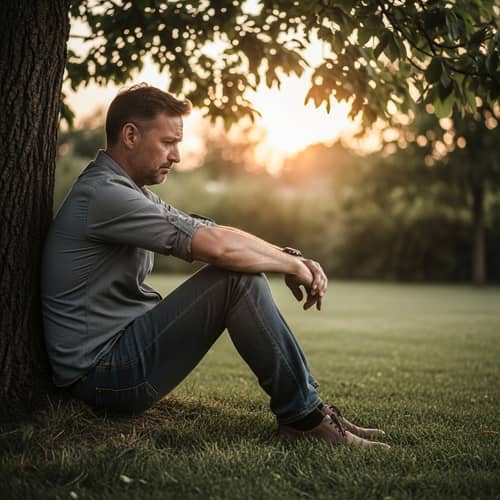 Deep Sorrow: Melancholic Scene of a Middle-Aged Man Under a Tree