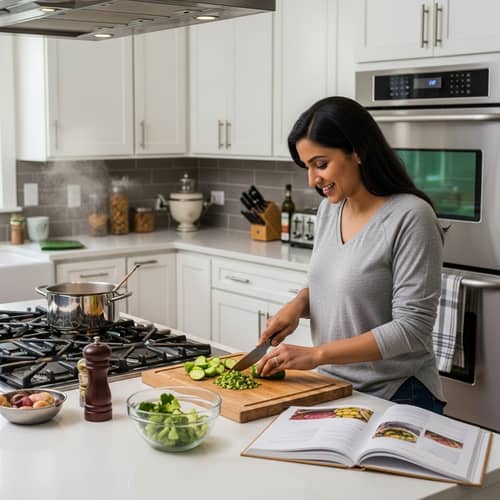 South Asian Woman Chopping Fresh Vegetables in Modern Kitchen