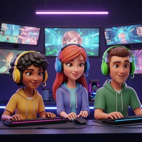 3D Cartoon: 2 Girls & 1 Guy Engrossed in Gaming Session