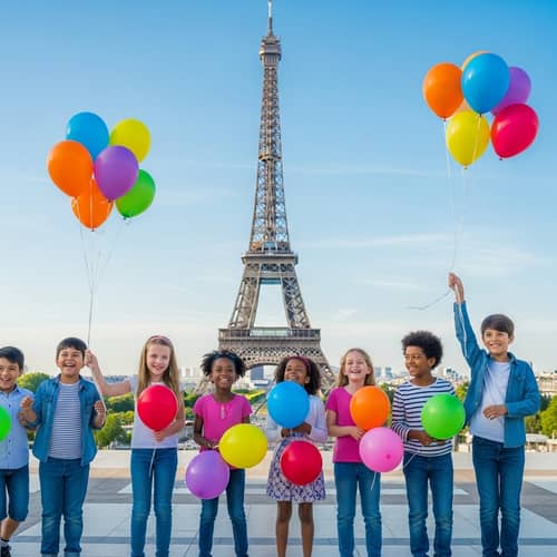 Colorful Children Playing in Front of Eiffel Tower - Joyful Paris Vacation