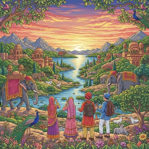 Vibrant Indian Art-Inspired Adventure Scene