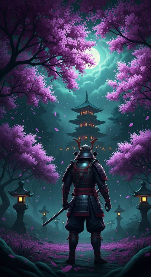 Epic Samurai in Black Sakura Forest | Intricately Detailed Digital Painting