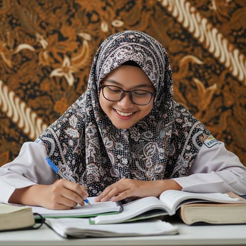 Indonesian Student | Hijab Girl Studying in Traditional Batik Setting