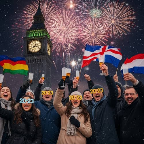 New Year's Eve Celebration with Colorful Fireworks and Cheers