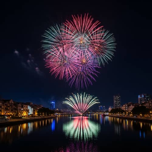 Midnight Fireworks Display Over River | New Year Celebration
