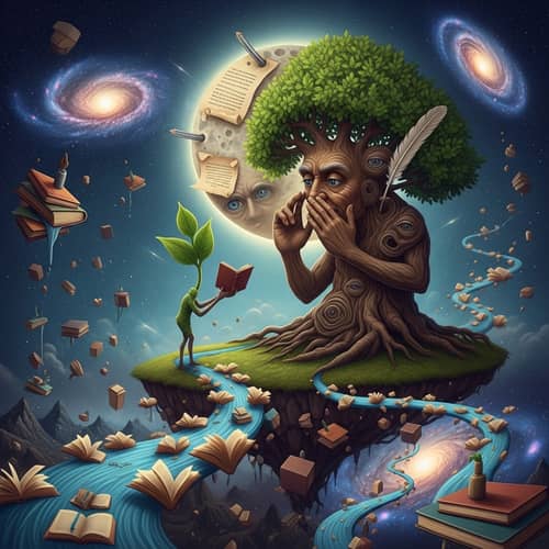 Surrealistic Mentorship Art: Elder Tree Sharing Wisdom with Young Sprout