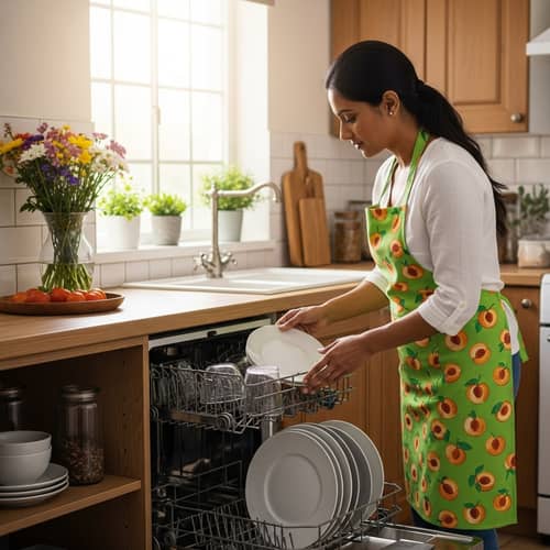 South Asian Woman Unloading Dishwasher in Bright Kitchen