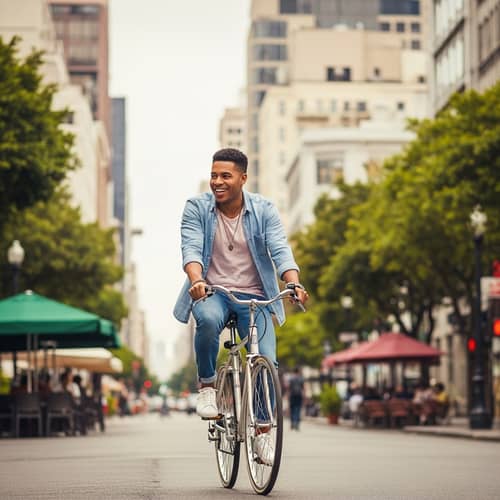 Hispanic Male Singer Cycling in City | Vibrant Urban Scenes