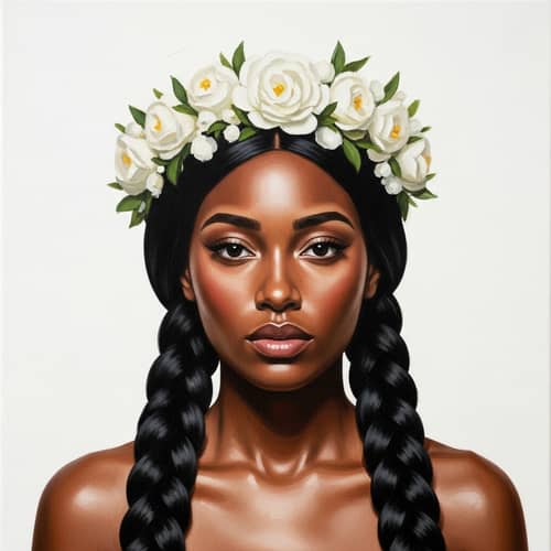 Realistic Oil Painting of Woman with Black-Brown Skin and Floral Crown