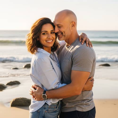 Mid 30-Year-Old Woman Hugging Bald Middle-Aged Man at Beach