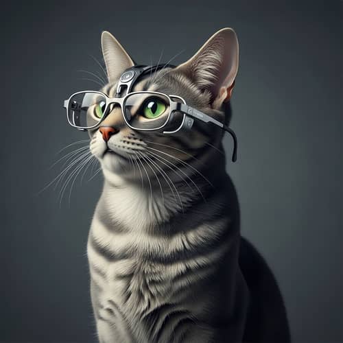 Sleek Grey Fur Cat Wearing Futuristic Glasses | Tech-inspired Imagery