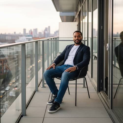 Stylish Diverse Adult Male On Modern Balcony | Cityscape View