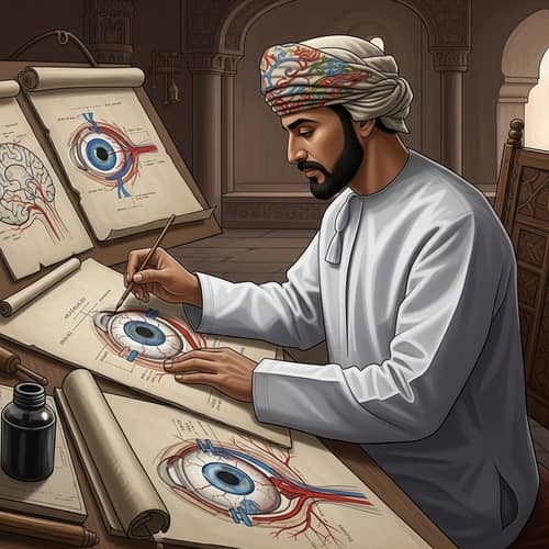 Historical Omani Doctor Illustrating Eye Anatomy and Brain Connection