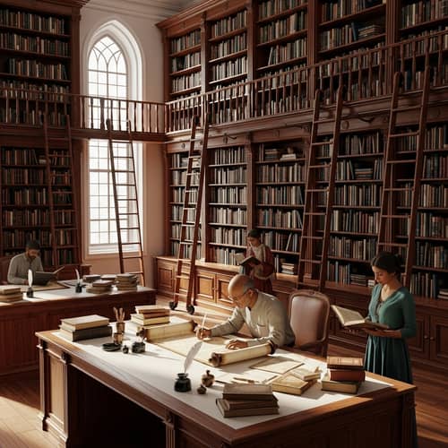 Realistic Library Scene with Mahogany Shelves and Ancient Scrolls