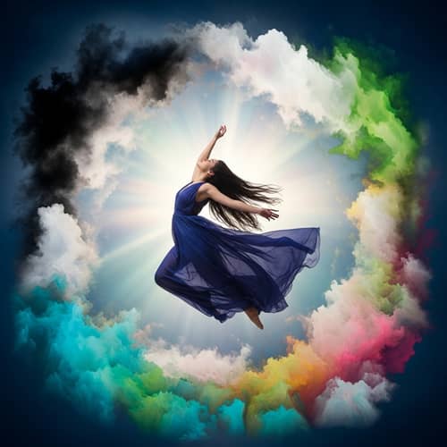 Hispanic Woman Soaring High in Celestial Dome Surrounded by Ethereal Clouds
