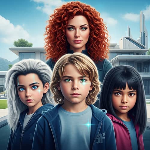 Futuristic Family Movie Poster: Boy, Girls & Woman with Unique Hair and Eye Colors
