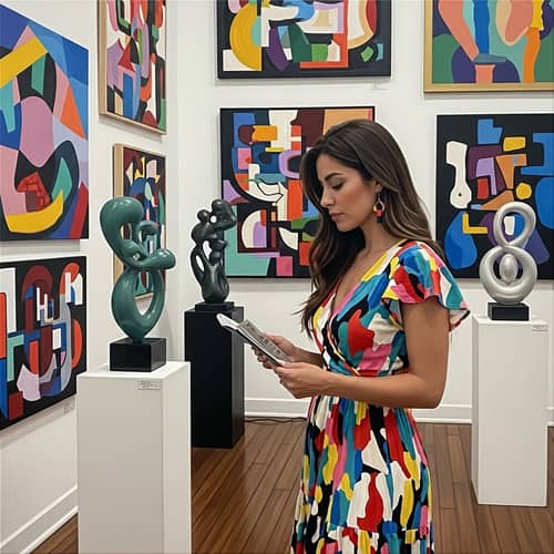 Vibrant Abstract Art Gallery: Hispanic Woman Admiring Modern Art