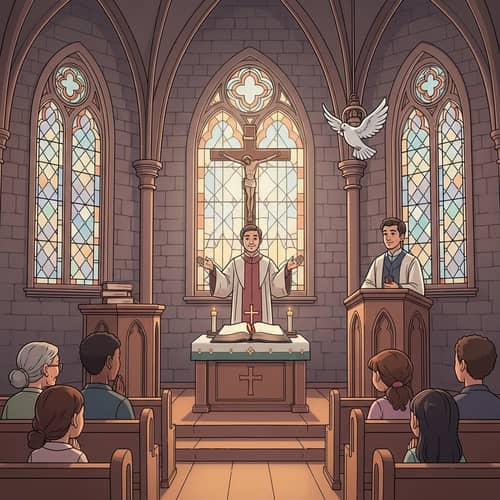 Tranquil Christianity Scene with Cross, Bible, Dove